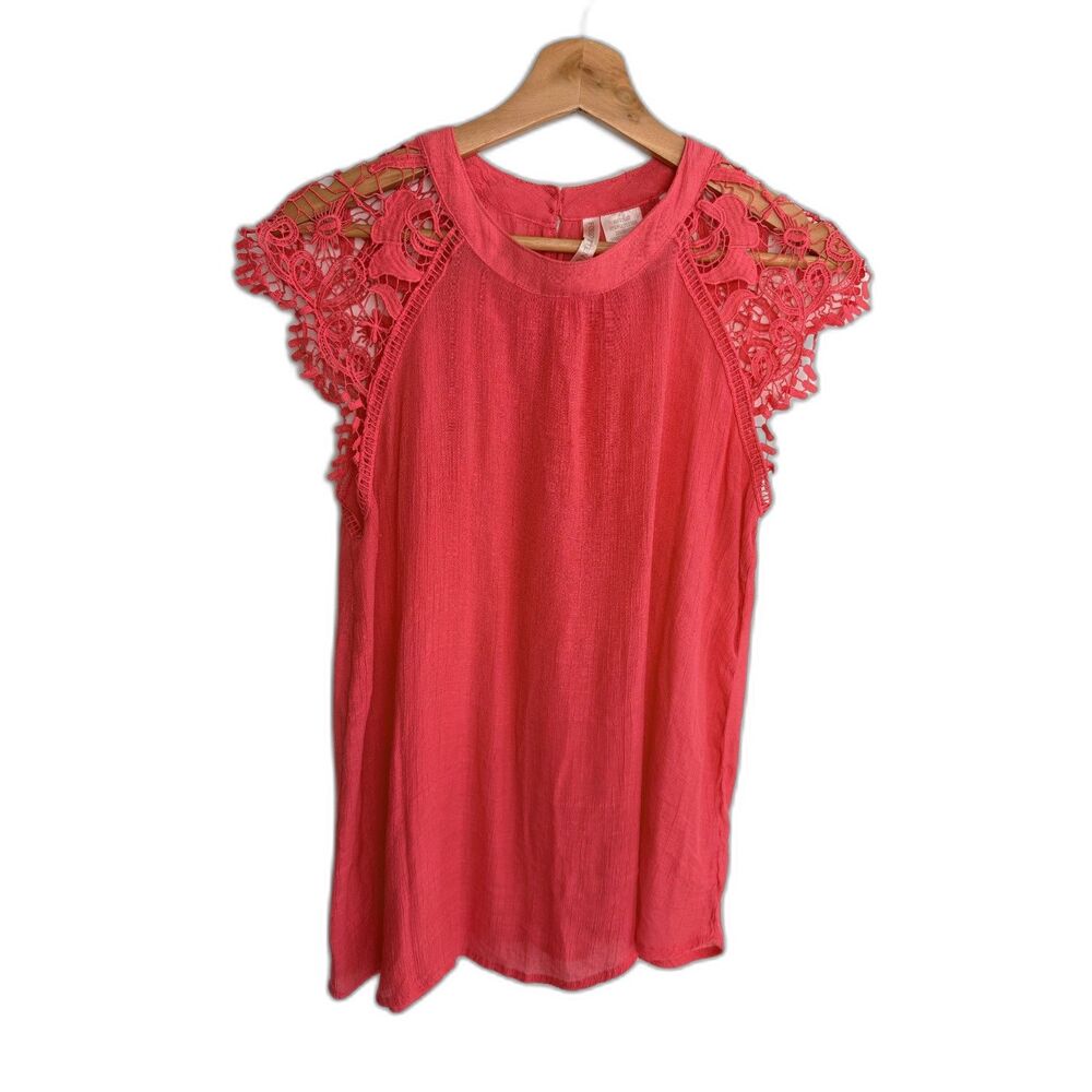 Forgotten Grace M Coral Crochet Lace Cap Sleeve Boho Blouse Top FSB899